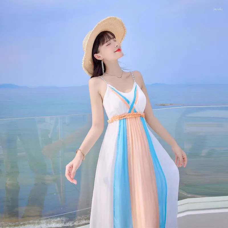 Casual Dresses Elegant Pure Silk Dress for Women 2023 Summer Sexig Spaghetti Strap Boho Style Backless Beach 28032