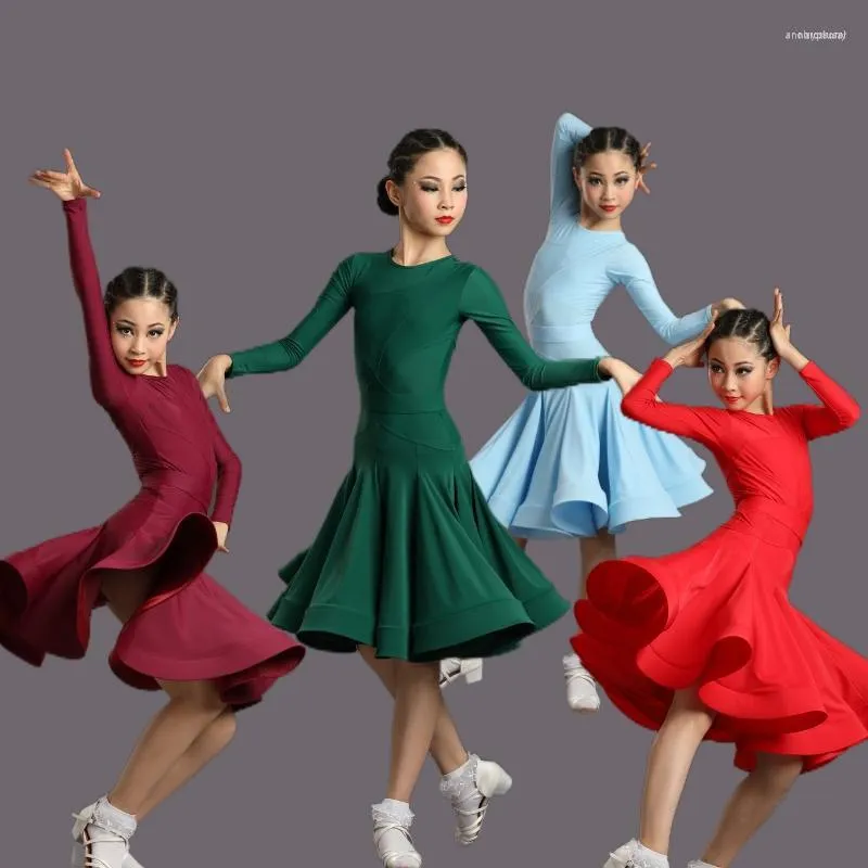 ステージウェア4色のボールルームダンスドレス競技練習服の女の子長袖ラテンキッズサルサSL7200