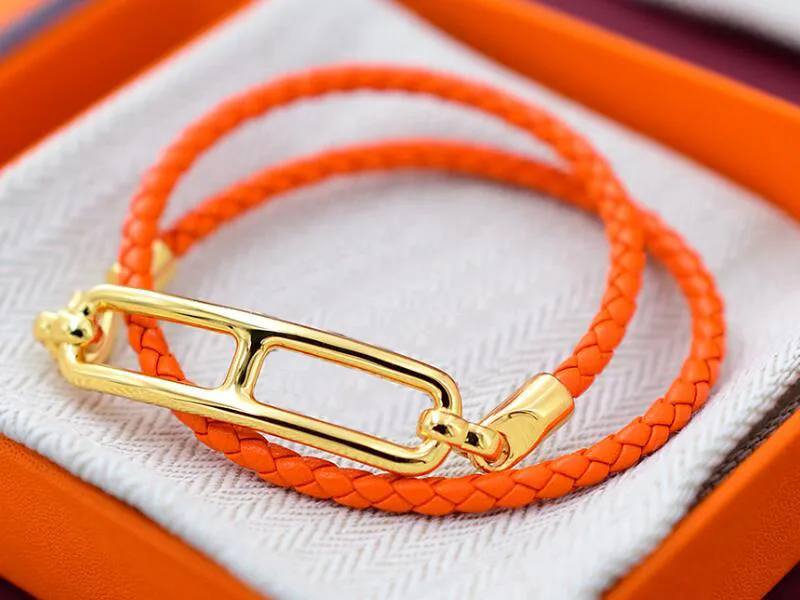 5A Bracelets porte-bonheur HM Bracelet en cuir véritable de couleur orange pour femme avec sac à poussière Taille de la boîte 16-21 Fendave