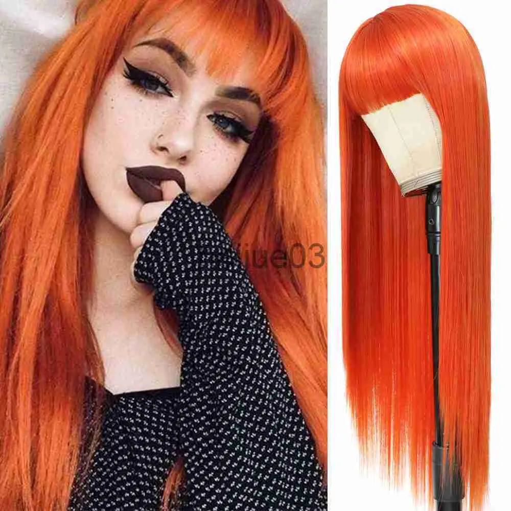 Perucas Sintéticas Laranja Gengibre Peruca Sintética com Franja Reta Natural Preto Marrom Loira Peruca para Mulheres Fibra Resistente ao Calor Cabelo Cosplay Diário x0626