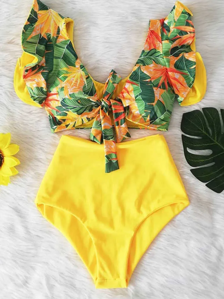 Kvinnors badkläder Floral Ruffled Hem Bikini Set Women Flora V-Neck High-midjiga tvådelar Baddräkt 2023 Girl Beach Bathing Swimwear Biquinis J230506