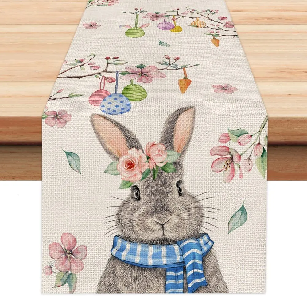 Chemin de table mignon lapin de Pâques chemin de table fleur de pêcher printemps saisonnier décoration de table à manger pour le thème de Pâques rassemblement dîner 230625