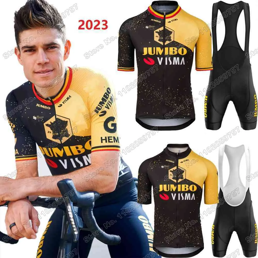 Cycling Jersey Sets Jumbo Visma France Tour Cycling Jersey TDF Set Men Belgium Champion Cycling Clothing Wout van Aert Road Bike Shirts Suit 230625