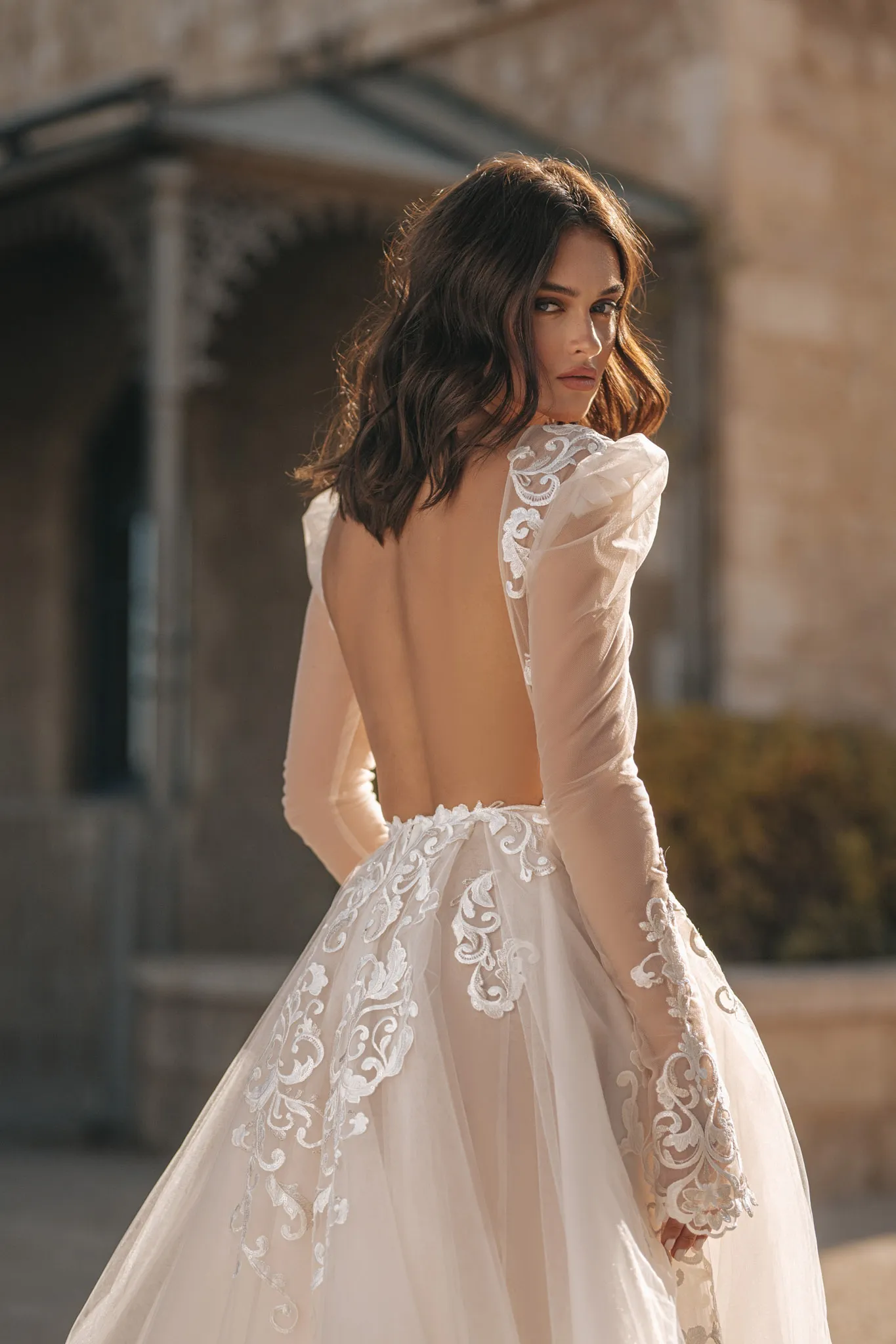 Berta A Line Wedding Dresses for bride V Neck Long Sleeves Lace Wedding Dress Sweep Train Backless Appliques Long designer bridal gowns