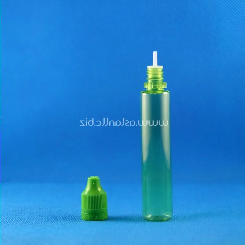 100 set / lotto 30ml UNICORN GREEN Bottiglie contagocce in plastica Resistente ai bambini A prova di manomissione Punta lunga e sottile e Liquid Vapor Juice e-Liquide 30 ml Kigu