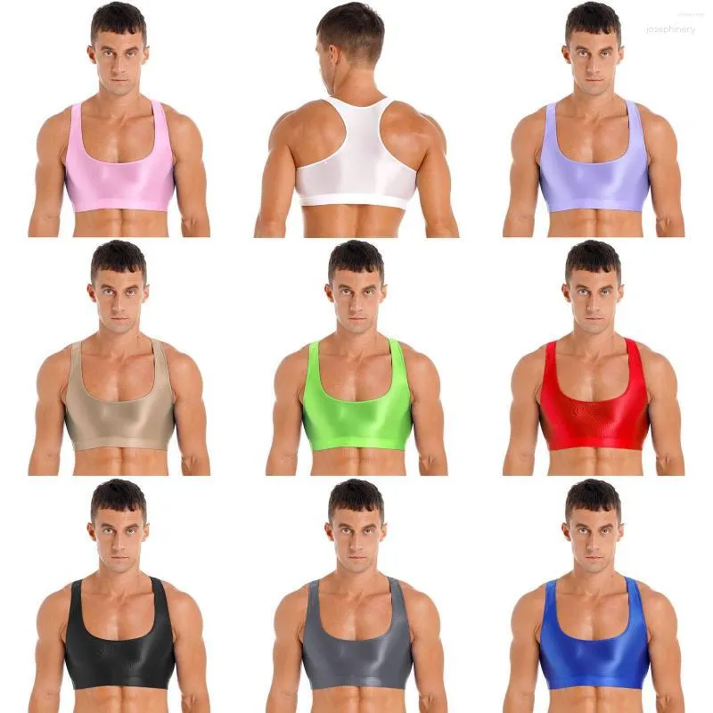 Tanktops voor heren Heren Glanzend olie glanzend U-hals Mouwloos Paaldans Crop Top Sport Fitness Yoga Hardlopen Vest Clubwear Badpak