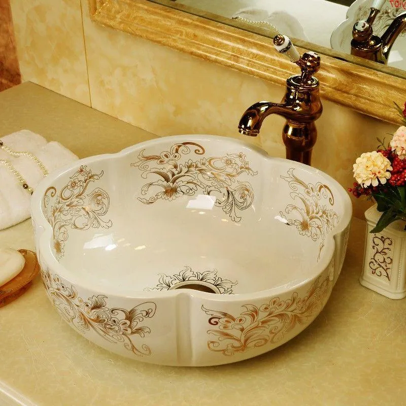 Artistique Procelain lavabo salle de bain évier bol comptoir Fleur Forme Céramique sinkgood qté Fimgc