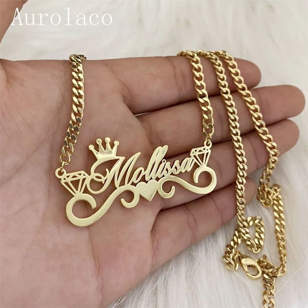 Ожерелья с подвесками AurolaCo Ожерелье с именем на заказ с короной Персонализированное кубинское ожерелье-цепочка Ожерелье с табличкой из нержавеющей стали для женщин Подарок 230626