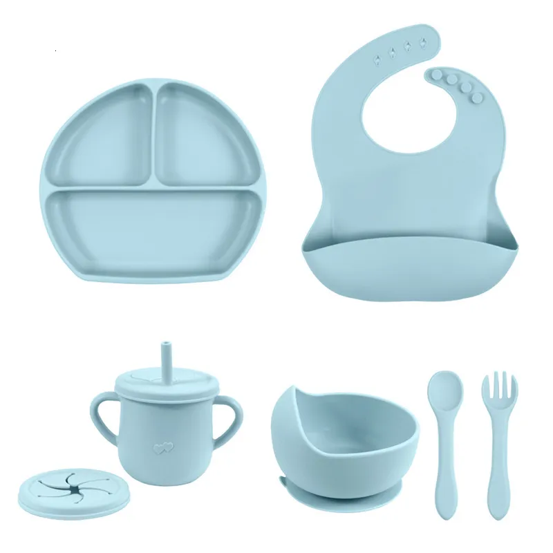 Cups Dishes Utensils 5PCS Silicone Dishes For Baby Feeding Set Sucker Bowl Plate Cup Bibs Spoon Fork Baby Items Safe Dining Plate Children Tableware 230625