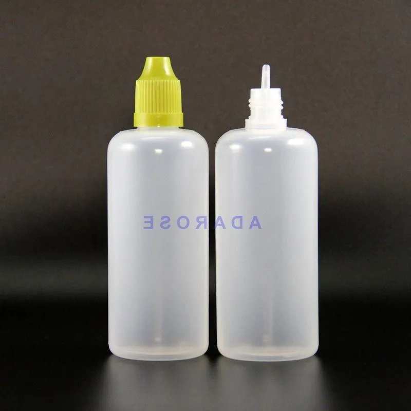 100 ml, 100 Stück/Lot, LDPE-Kunststoff-Tropfflaschen mit kindersicheren Sicherheitskappen, Tipps, zusammendrückbarer langer Nippel, Tfmtd