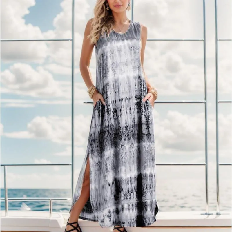 Casual Dresses Summer Sexy Vest Dress Women'S Long Skirt Print Loose Slit Robe With Pocket Plus Size Vestidos De Verano Para Mujer 2023