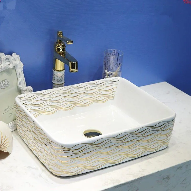 Chine peinture or céramique Art lavabo salle de bain évier comptoir chinois rectangulaire bien qté Kuktw