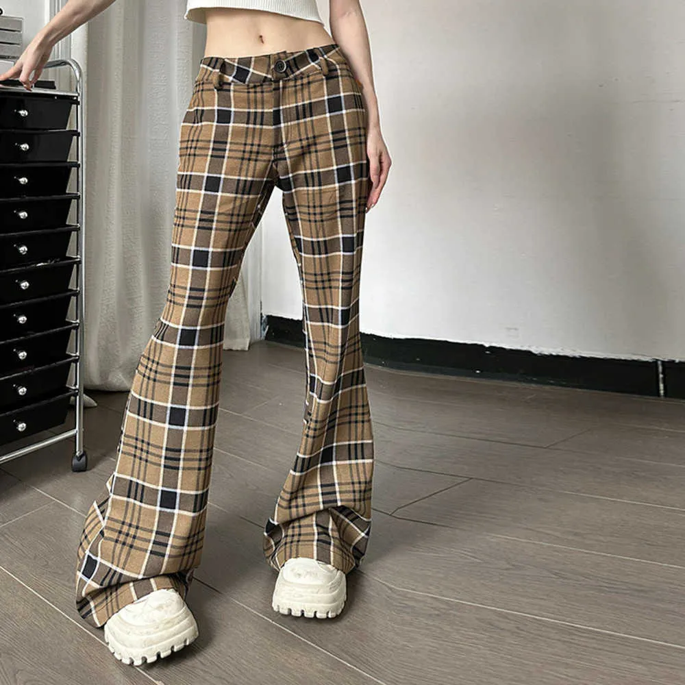 2023 летние женские новинки в клетку с принтом Fried Street повседневные брюки больших размеров горячие девушки универсальные тонкие брюки-клёш для женщин