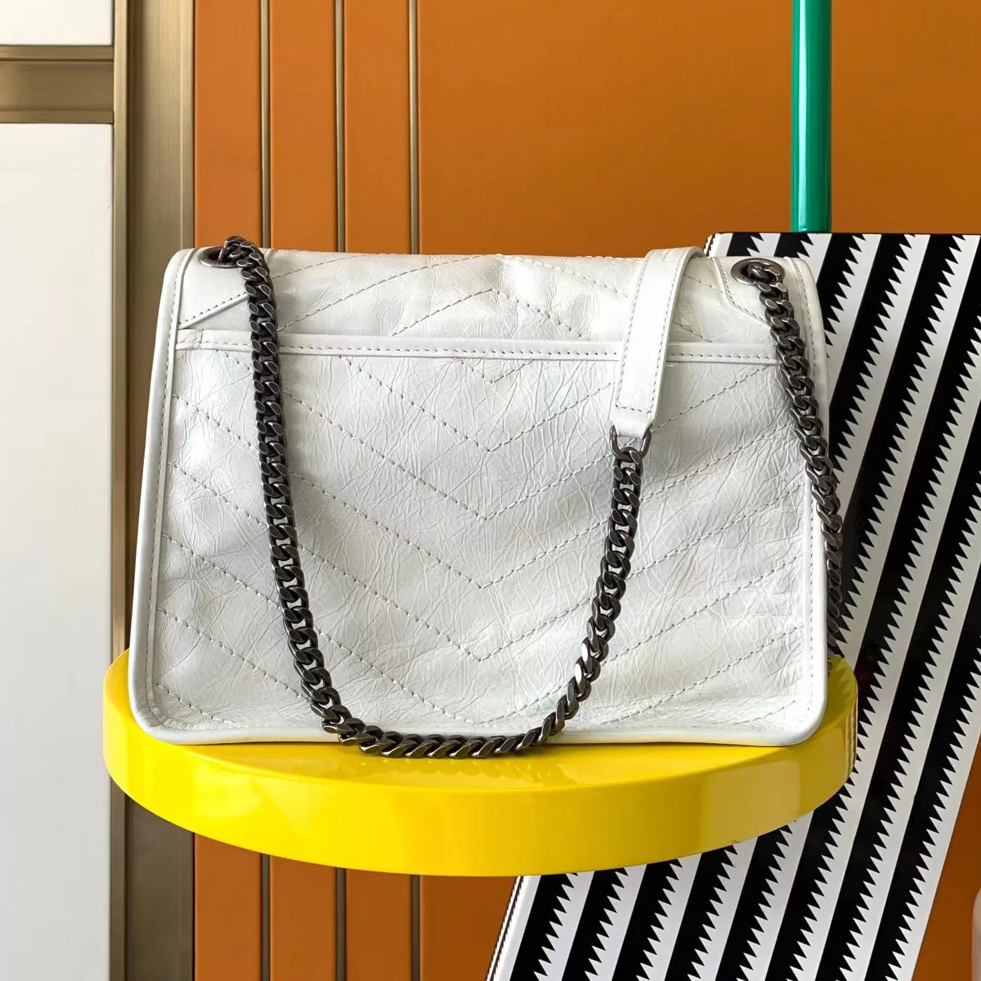 Designer Genuine Leather Chain Tote Bag Messenger Bag With Metal