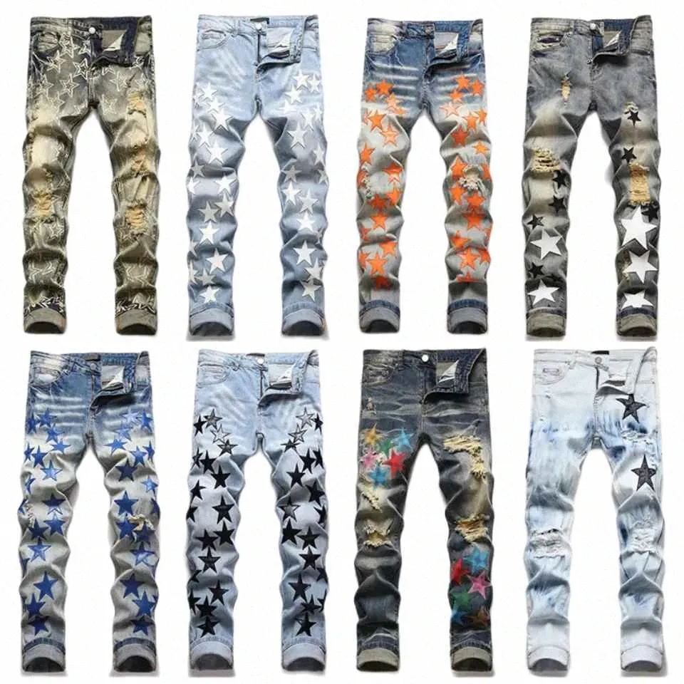 Erkek tasarımcı skinny jeans yaz modası streç eşofman altı lüks skinny pantolonlar gündelik Yıldız desen büyük boy yırtık pantolon amirler moda streetwear