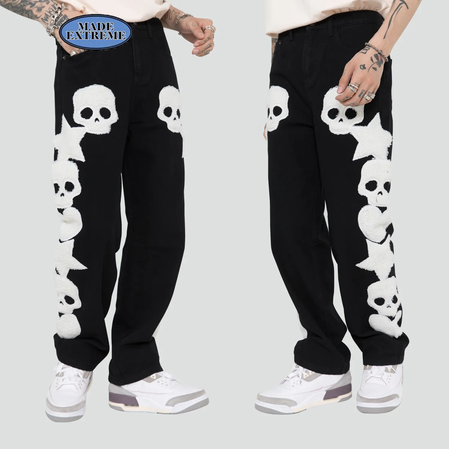 Herren Jeans Blackair Skulls Muster Baggy Jeans Skelett Stickerei für Männer Hip Hop High Street Y2K Mens 230625