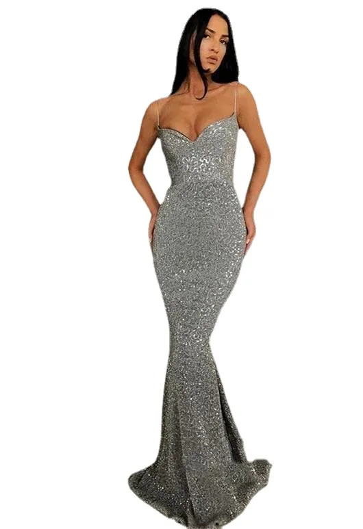 Abiti da sera sexy in argento con paillettes senza spalline Abiti da sera lunghi a sirena Plus Size Abiti da spettacolo senza maniche su misura