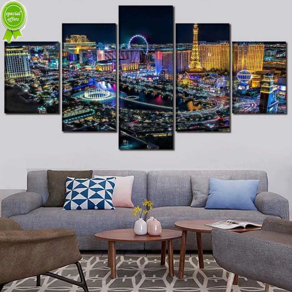 Las Vegas City Night 5 Pieces Canvas Wall Art Print Poster Bild för Hemma vardagsrum Dekoration HD Väggmålning Modular