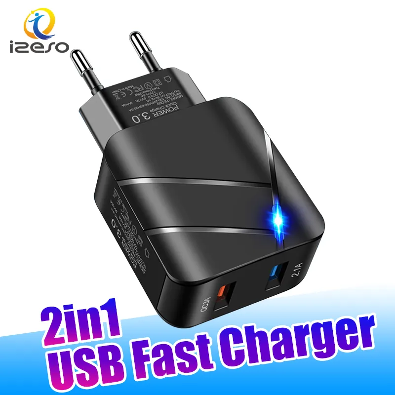 QC3.0 USB Universal Fast Charger Podwójne porty USB 9V 2A LED Szybka zasilanie adapter do domu ładowarki ścienne Izeso