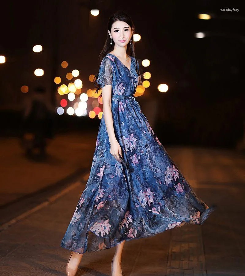 Vêtements ethniques robe d'été robes maxi femmes à manches courtes mode sexy col en V imprimé floral en mousseline de soie fête vacances robe longue bohême