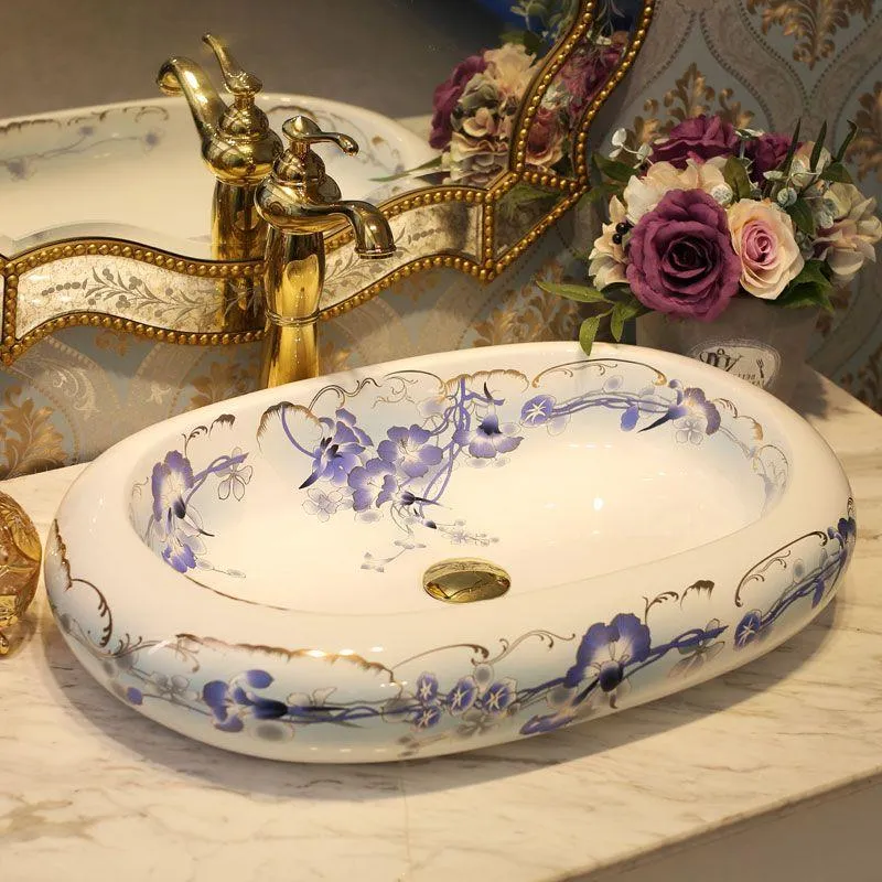 China Artistic Handmade porcelain wash basin Round bathroom counter top ceramic Bathroom basin sink oval chinese wash basin Tsqpi