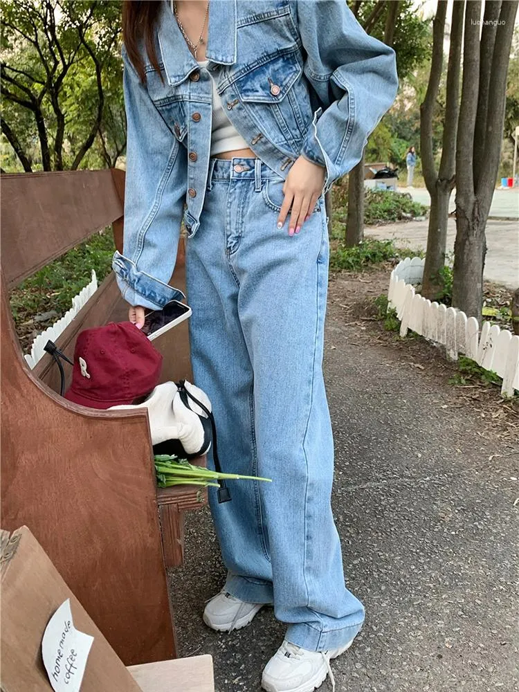 Kadın Ceketleri Kot Ceket Pantolon Kadın Sonbahar Kış Sokak Giyim Y2K Kısa Denim High Street Bel Geniş Bacak Pantolon Bf Set