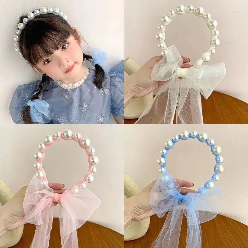 Hair Accessories Children's Pearl Streamer Headband Does Not Hurt The Head Princess Net Yarn Ponytail Girls Bow Tie Headdress