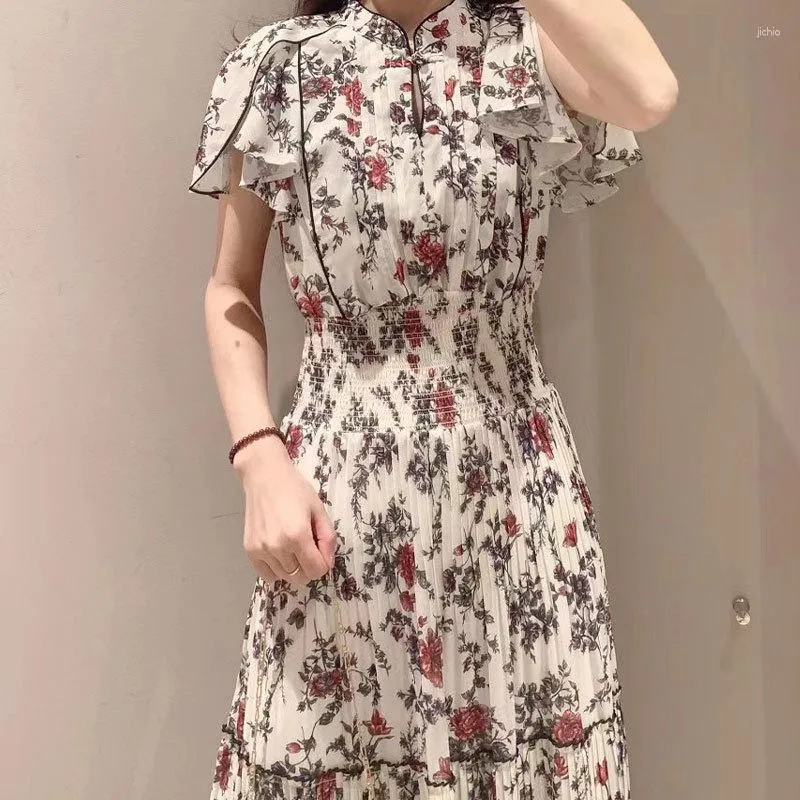 Lässige Kleider Kuzuwata Sommer Japan Style Blumendruckkleid fliegende Ärmeln Schnüren hoch Taille Robe Elegant, beschissener, schlanker Passform