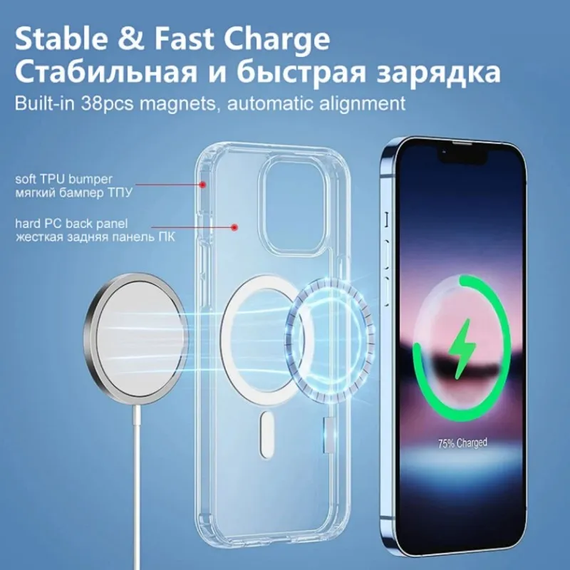 För Magsafe Wireless Charging Case för iPhone 14 13 12 11 Pro Max Mini 7 8 Plus SE X XR XS Max Transparent stötsäkert omslag