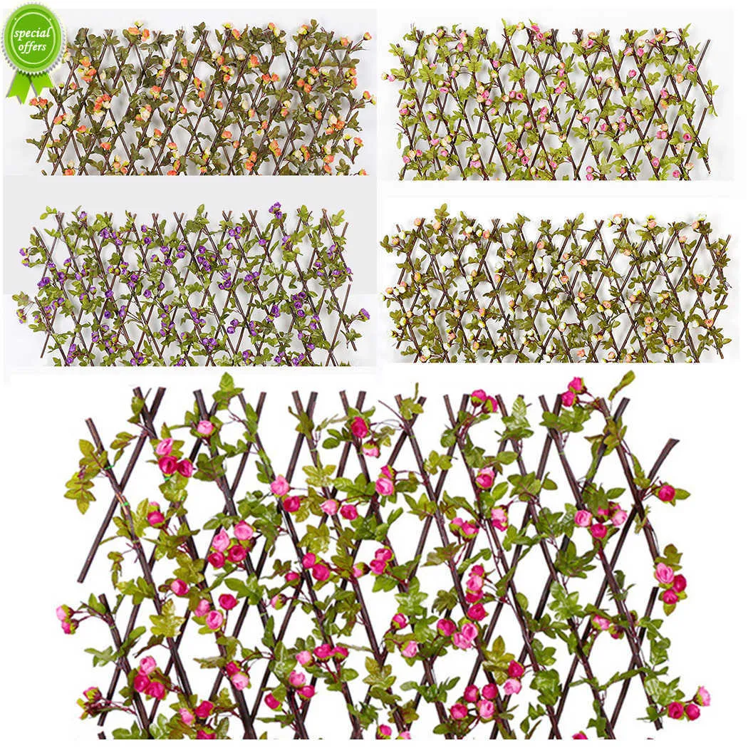 Artificial Rose Flower Garden Privacy Fence Wall Leaf Wood Telescopic Expanding Trellis Vine Climbing Frame Gardening Home Decor