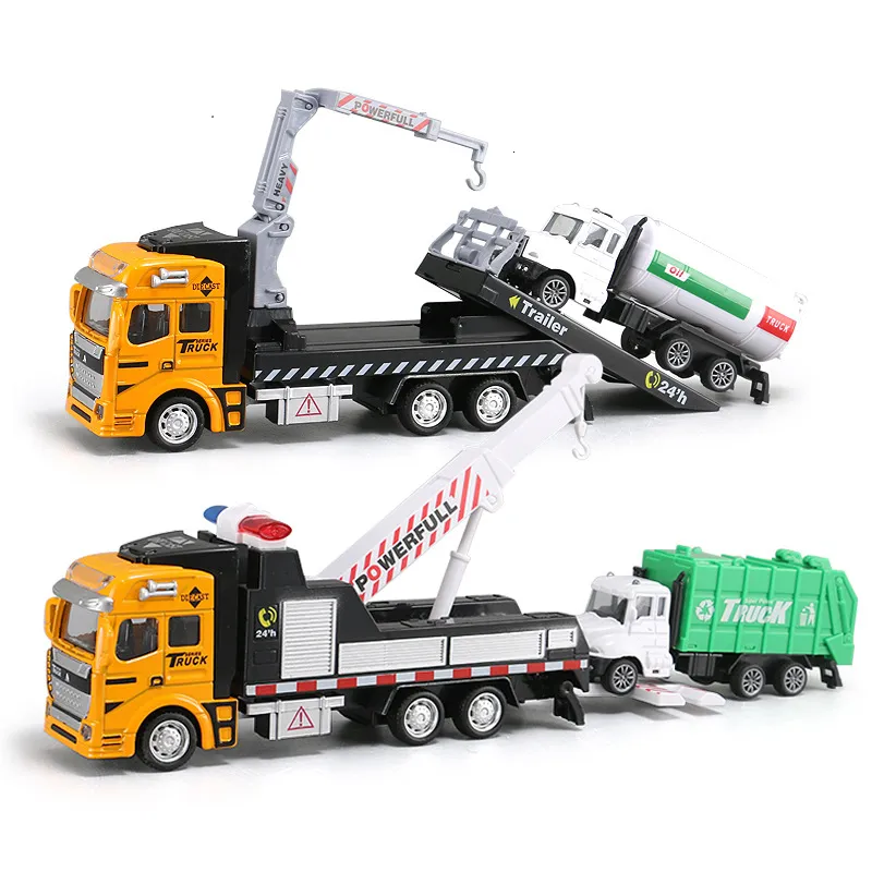 Diecast Model car 19CM Crane Trailer Tow Truck Toy Model 1 48 with Pull Back Garbage Truck Alloy Diecasts Sanitation Vehicle Car Toy for Kids Y194 230625