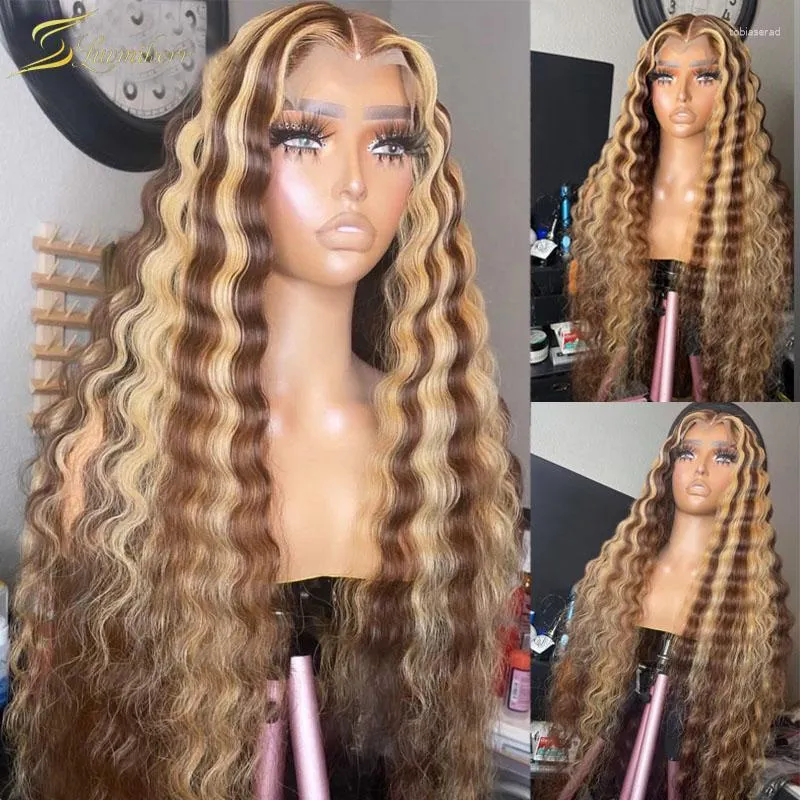 Lace Wigs 360 Ombre Blonde Hoogtepunt Diepe Golf Frontale Pruik Gekleurd Bruin Krullend 13x4 Front Menselijk Haar Volledige preplucked Voor Vrouwen Kend22