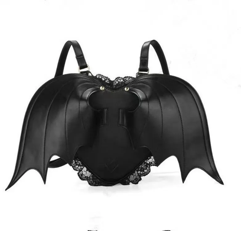 Bolsas estilo punk em formato de coração Dark Angel Bat Mochilas femininas Mochila Halloween PU Mochila