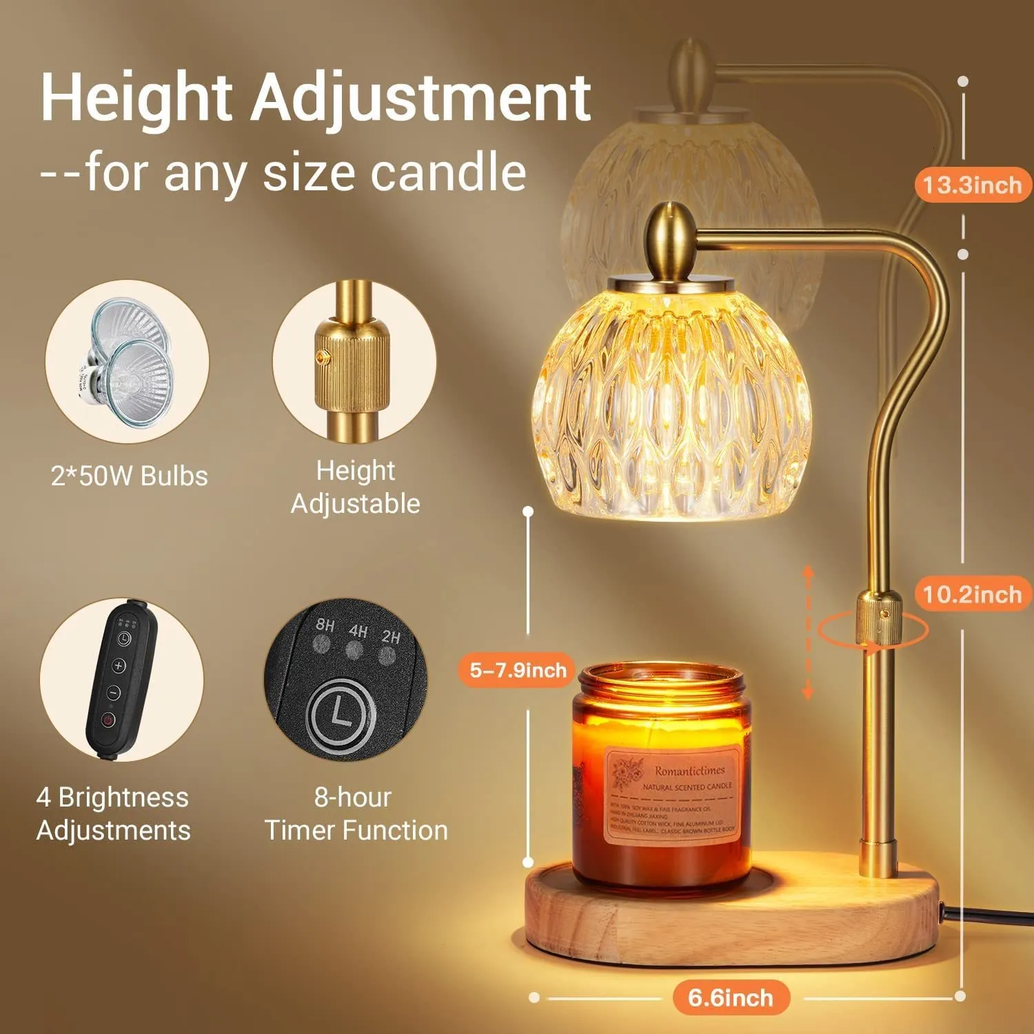 Candle Warmer Lamp Electric Timer - Candles Warming Light Height Adjustable Dimmable Warmers Flower Lamps No Flame Heat Warm Melt Wax Jar Modern Home Decor Table Lights For Home Living Bedroom