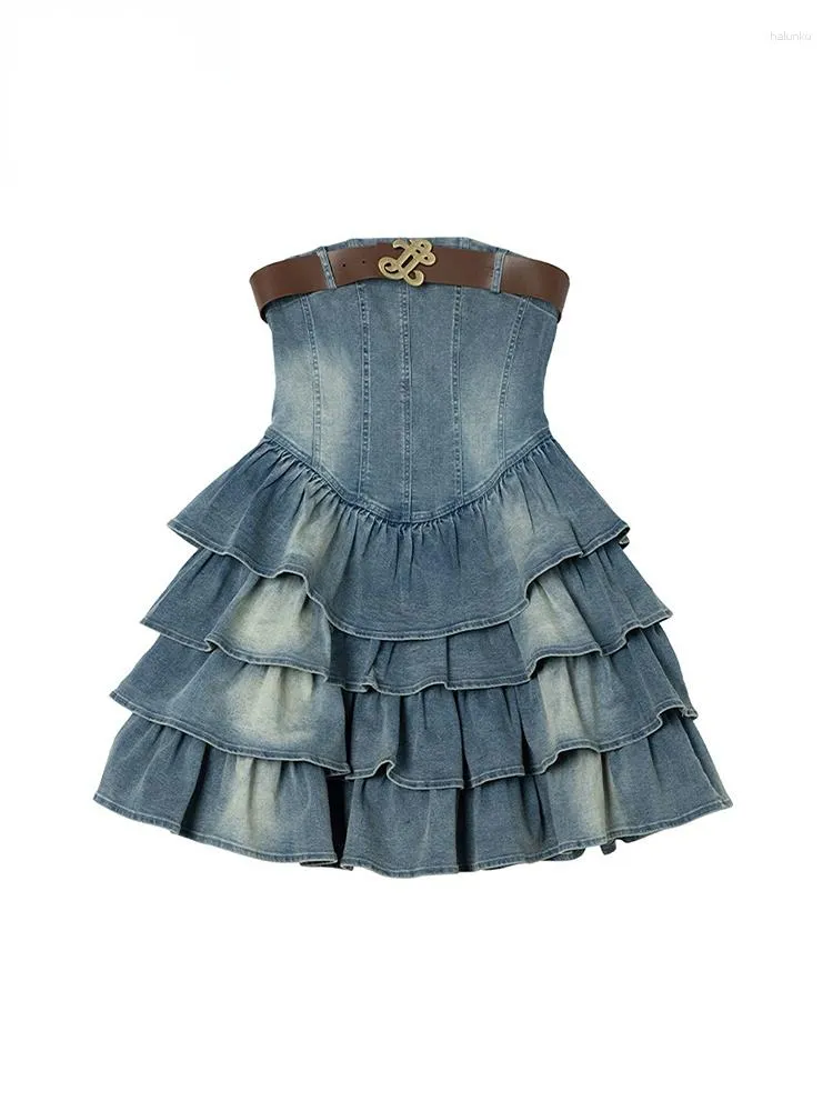 Casual Dresses Summer Women Vintage Sleeveless Denim Dress A-line Frocks Ruffle Design 2000s Aesthetic Backless Korean Fashion Party Y2k