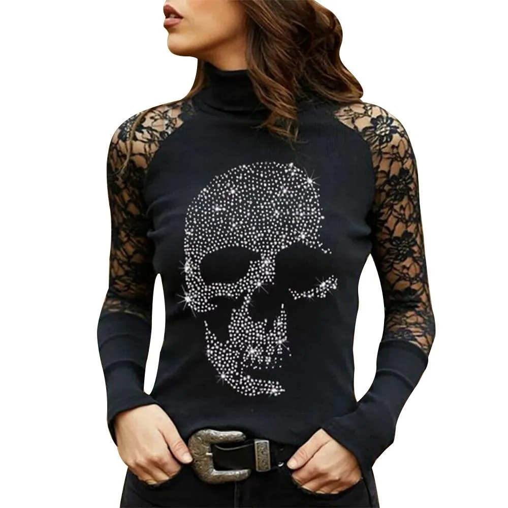 T-shirt czaszka nadrukowane koronkowe kwiatowe damki Tshirt jesienne gorące wiercenie gotyckie kobiety bluzki
