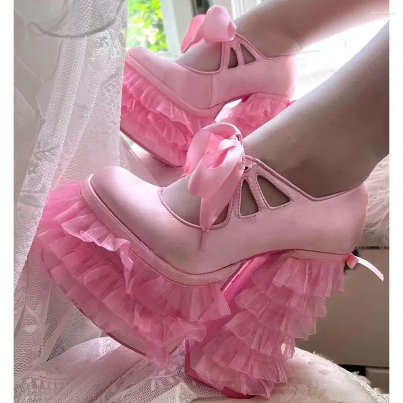 Chaussures habillées Sweet Pink Stain Lace Mary Jane Lolita Pumps Ribbon Lace-Up Platform Falbala High Heels Banquet Princess