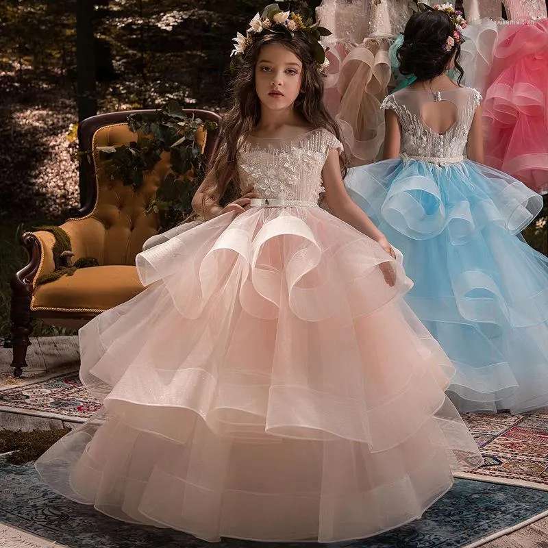 Flickaklänningar stora blommaflickor brudtärklänning för bröllop mycket elegant barn mössa ärm puffy tutu party boll klänning rosa prinsessan examen