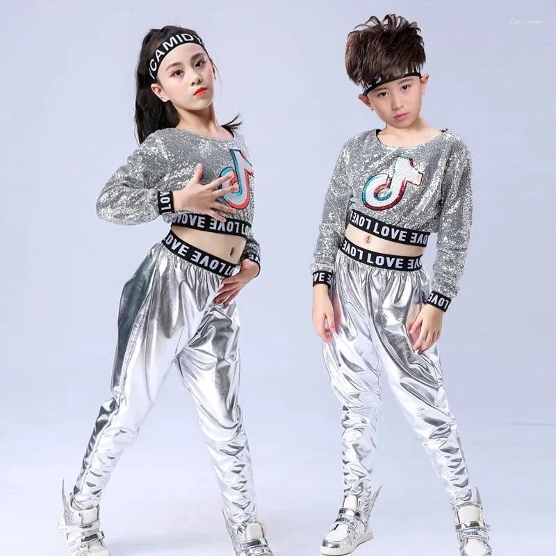 Ropa de escenario para niños, traje de Hip Hop de baile de Jazz moderno para niños y niñas, ropa de actuación de porristas con lentejuelas