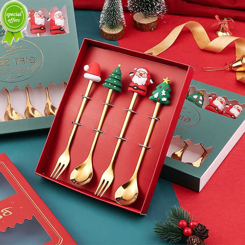 Nowy 4pc/zestaw świątecznych łyżki na zastawie stołowe z pudełkiem prezentowym Santa Hat Xmas Tree Spoon Fork Cutlery Set Dekoracja przyjęcia