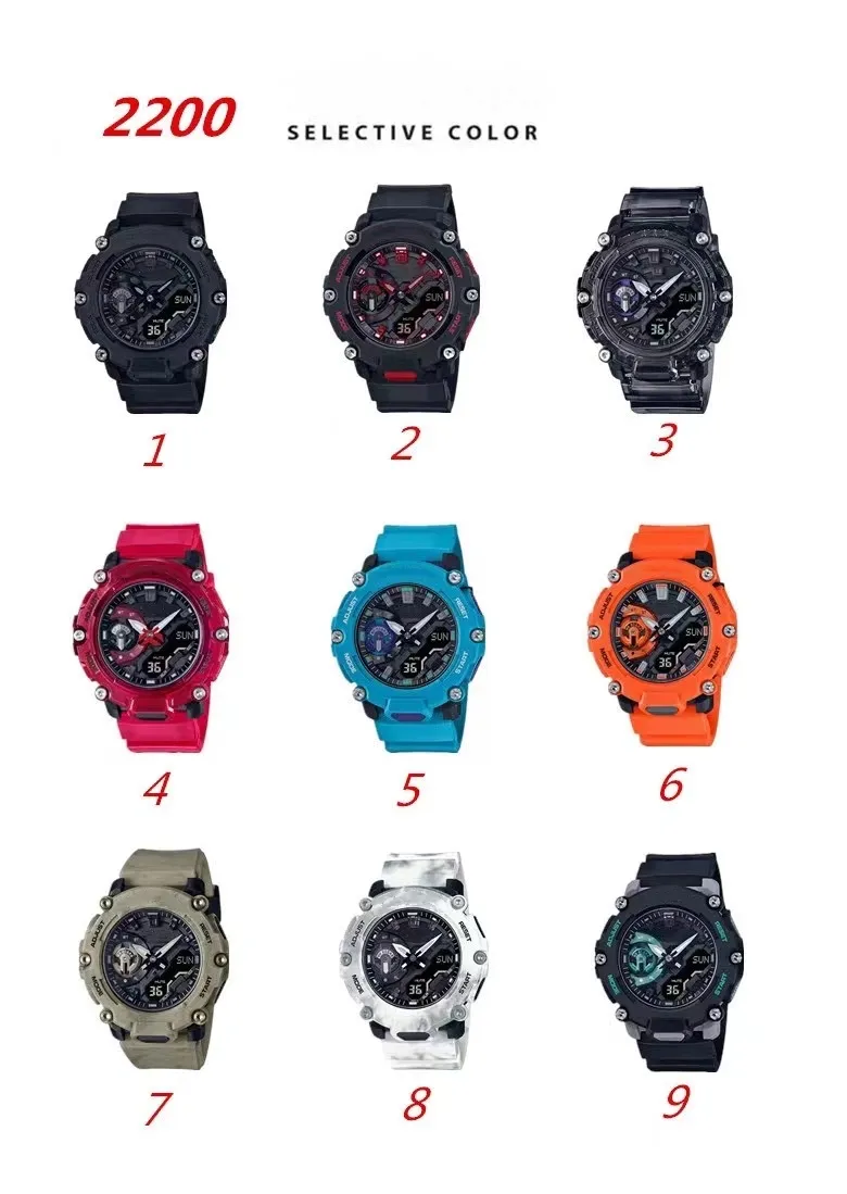 Montre de sport à quartz numérique GMA pour hommes Montre de choc originale Toutes les mains peuvent fonctionner à l'énergie solaire LED double affichage heure mondiale série 2200 chêne