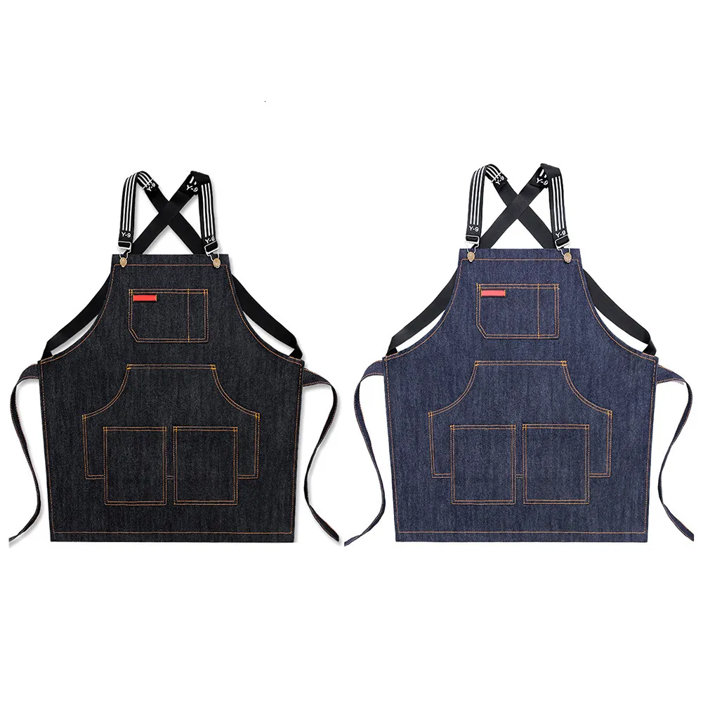 Aprons Korean Style Fashionable Denim Apron For Men Women Work Custom Barista Apron Cafe Barber Shop Painting Cooking Jean Fabric 230625