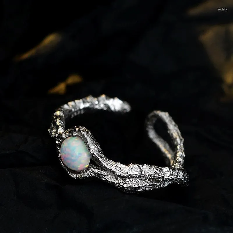 Cluster Rings Korean Minimalist Fashion S925 Sterling Silver Opal Ring Female Ins Wind Opening Burn Wrinkles Wedding