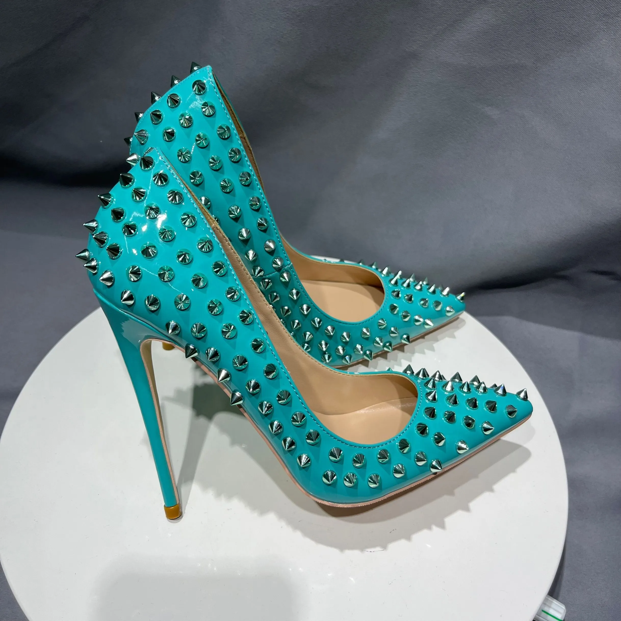All Spikes Rivets Cover Blue Fashion 12Cm High Heels Scarpins Pumps Stiletto Wedding Party Shoes Plus Size 33-45