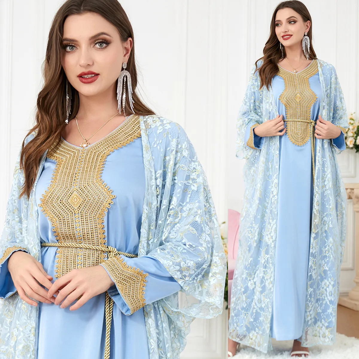 QNPQYX Nouveau 2 Pièces Ensemble De Luxe Dubaï Robe Musulman Abaya Femmes Arabe Robe Ethnique Dentelle Robes D'été Mode Kaftans Plus La Taille Jilbab Islam