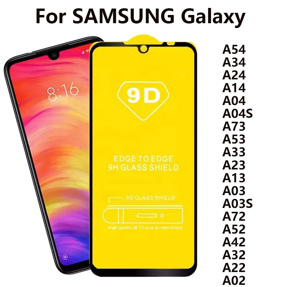 Samsung A54 A34 A24 A14 A04 A04S A53 A33 A23 A13 A03 A03S A52 A42 A22 A22 A02의 도매 9D 전체 커버 압박 유리 스크린 보호기