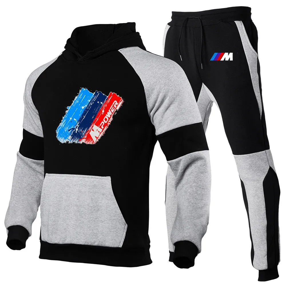 Agasalhos masculinos para motocicletas para primavera e outono, agasalhos esportivos masculinos, calças com capuz combinando com cores, conjunto de 2 peças 230625