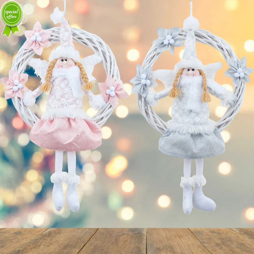 Noël blanc ange couronne rose poupée rotin couronne porte suspendus noël ange en peluche poupée pendentif arbre de noël suspendus ornements