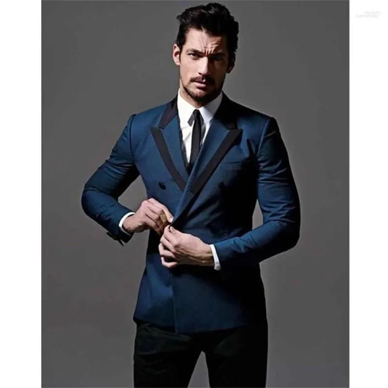 Men's Suits Men's 2023 High Quality Custom Blue Jacket Black Pants Men's Suit Groom Tuxedo Fashion Design Formal 2-Piece (Coat Tie)