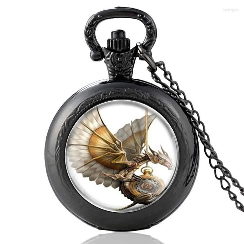 Relógios de Bolso Clássico Preto Steampunk Flying Dragon Design Vidro Cabochão Relógio de Quartzo Vintage Masculino Feminino Colar com Pingente Corrente Relógio